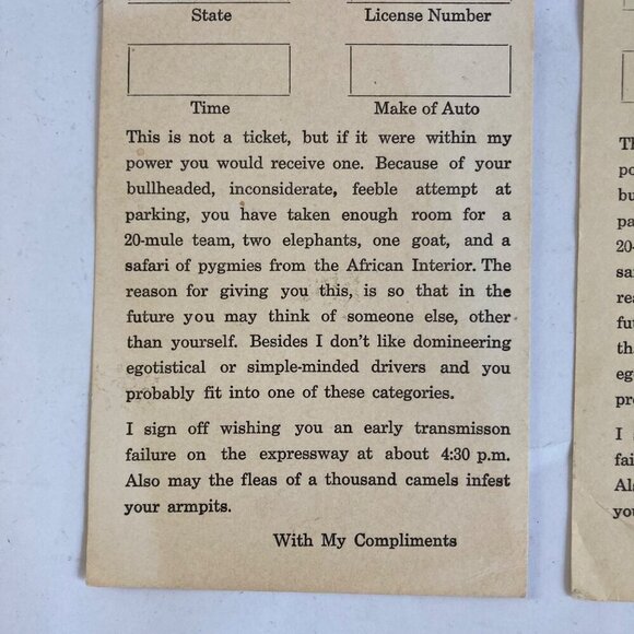 Lot 2 Vintage Parking Violation Prank Novelty Gag Fake Tickets UNUSED - Picture 3 of 4